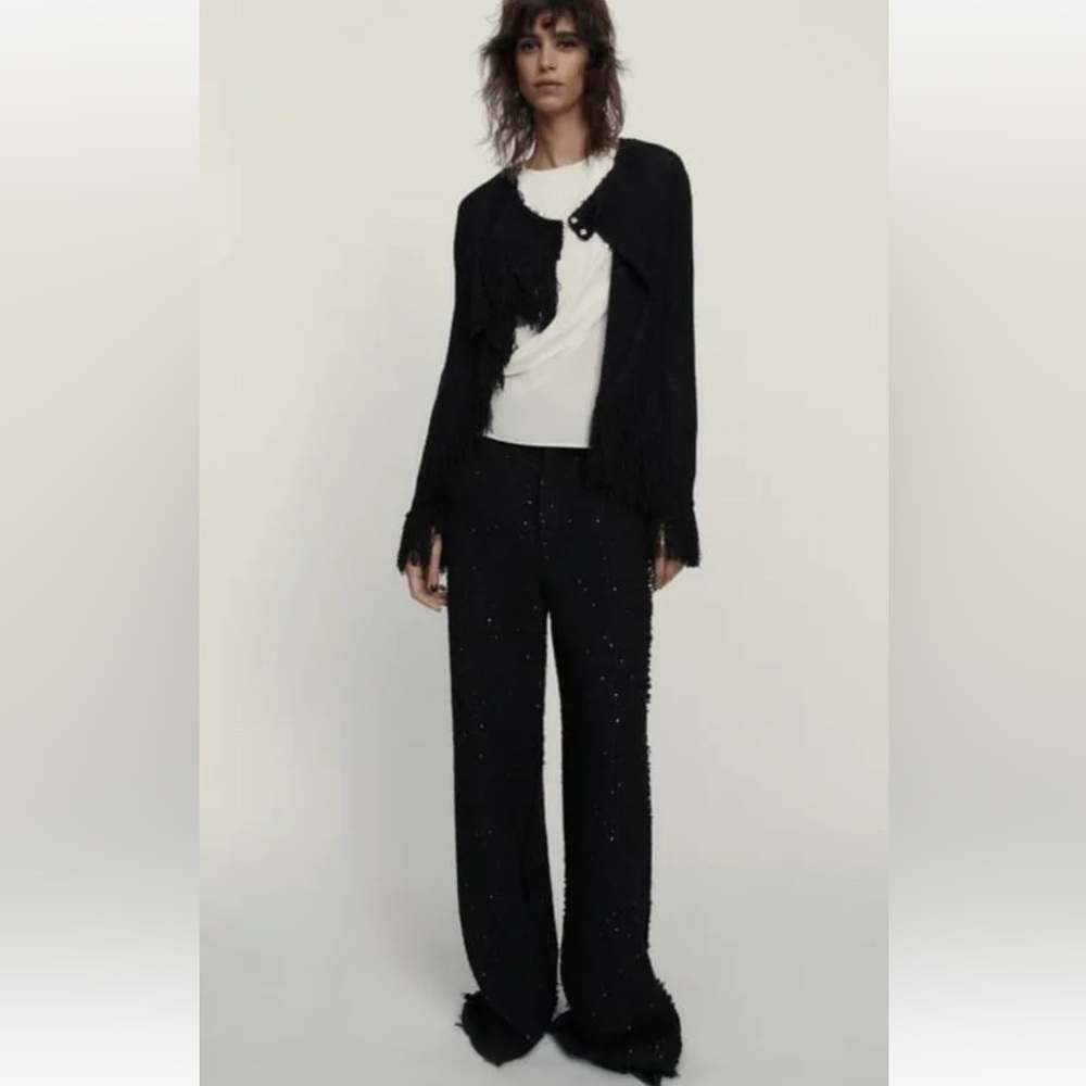 Zara Limited edition textured wide leg pants with raw hem, NWT, size M, black